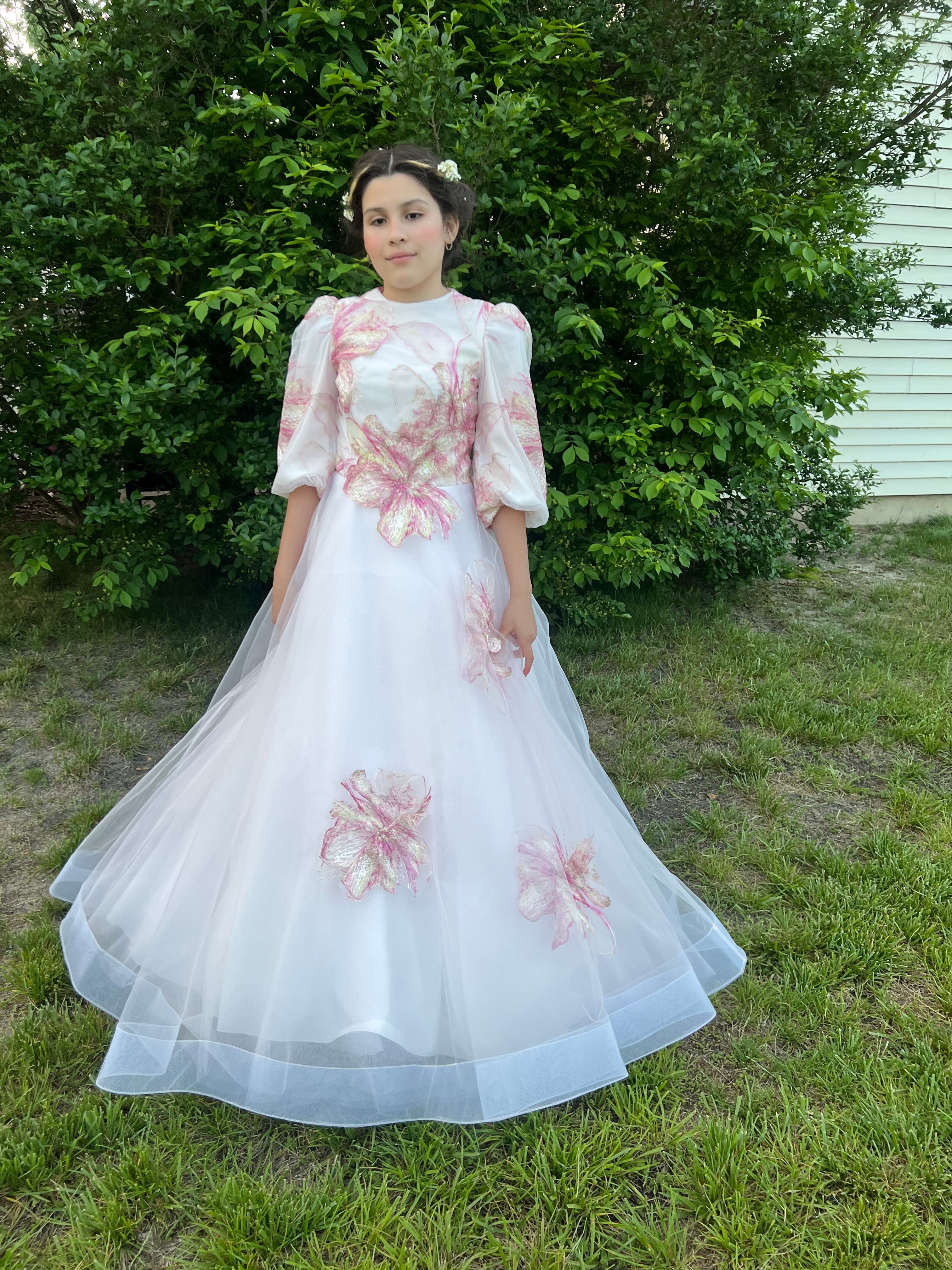 ZOE 3/4 SLEEVE EMBROIDERED FLOWER TULLE GOWN Little Women Too ZOE 3/4 SLEEVE EMBROIDERED FLOWER TULLE GOWN Little Women Too