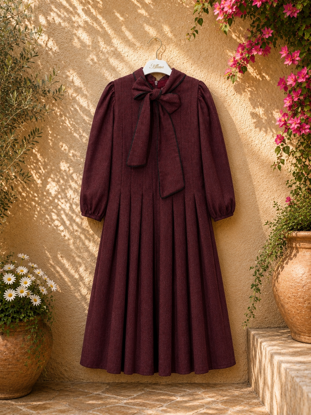 ALITSA TIE BOW PLEATED WOOLY DRESS
