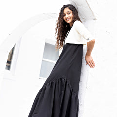 RETRO KID 2PC EMERY CARDIGAN WITH EMERY SLANTED TIER COLLAR MAXI DRESS