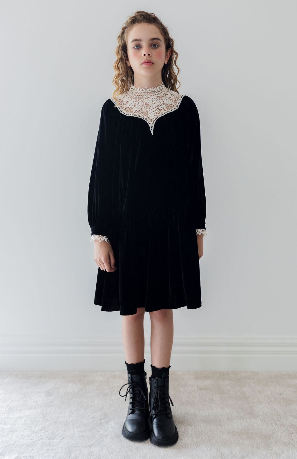 PETITE AMALIE LACE YOKE CORD VELVET DRESS