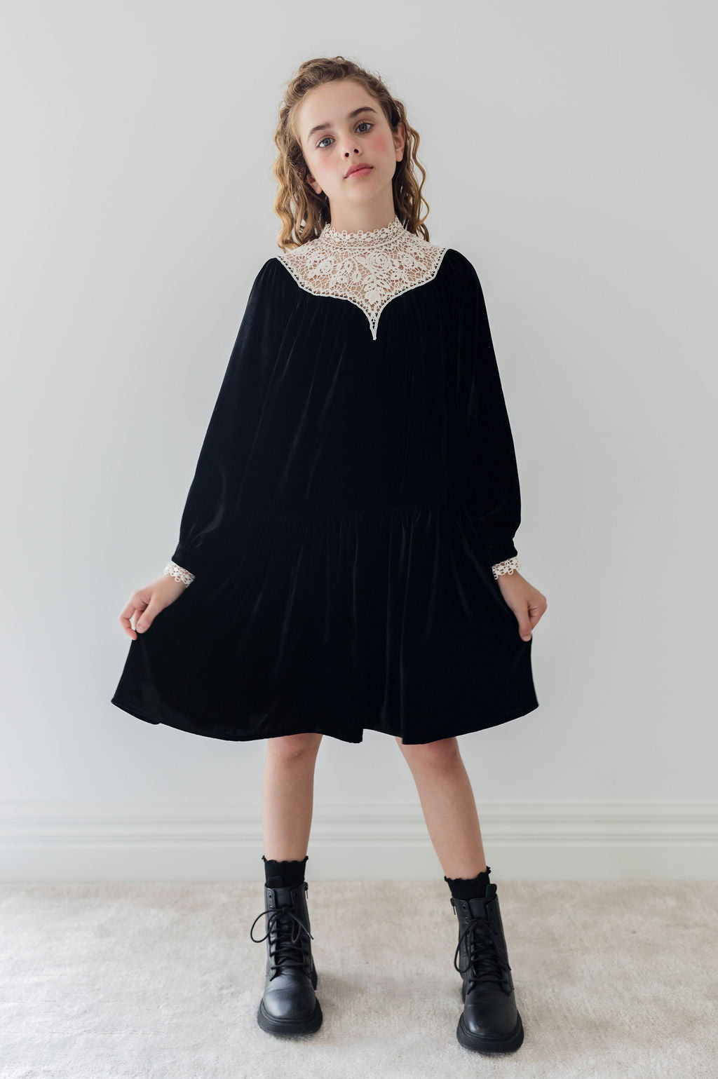 PETITE AMALIE LACE YOKE CORD VELVET DRESS