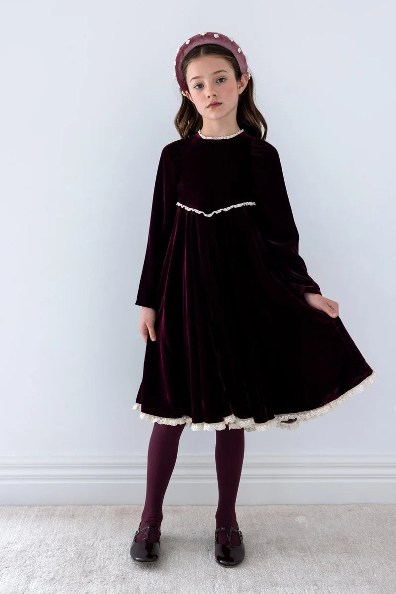 PETITE AMALIE PEEP LACE HEM VELVET DRESS