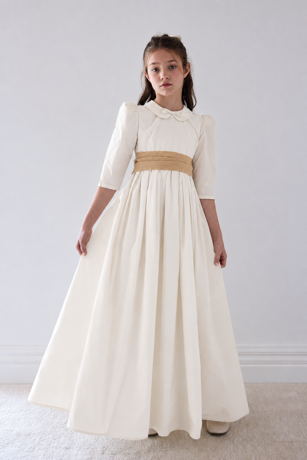 PETITE AMALIE GOLD TAFFETA SASH GOWN