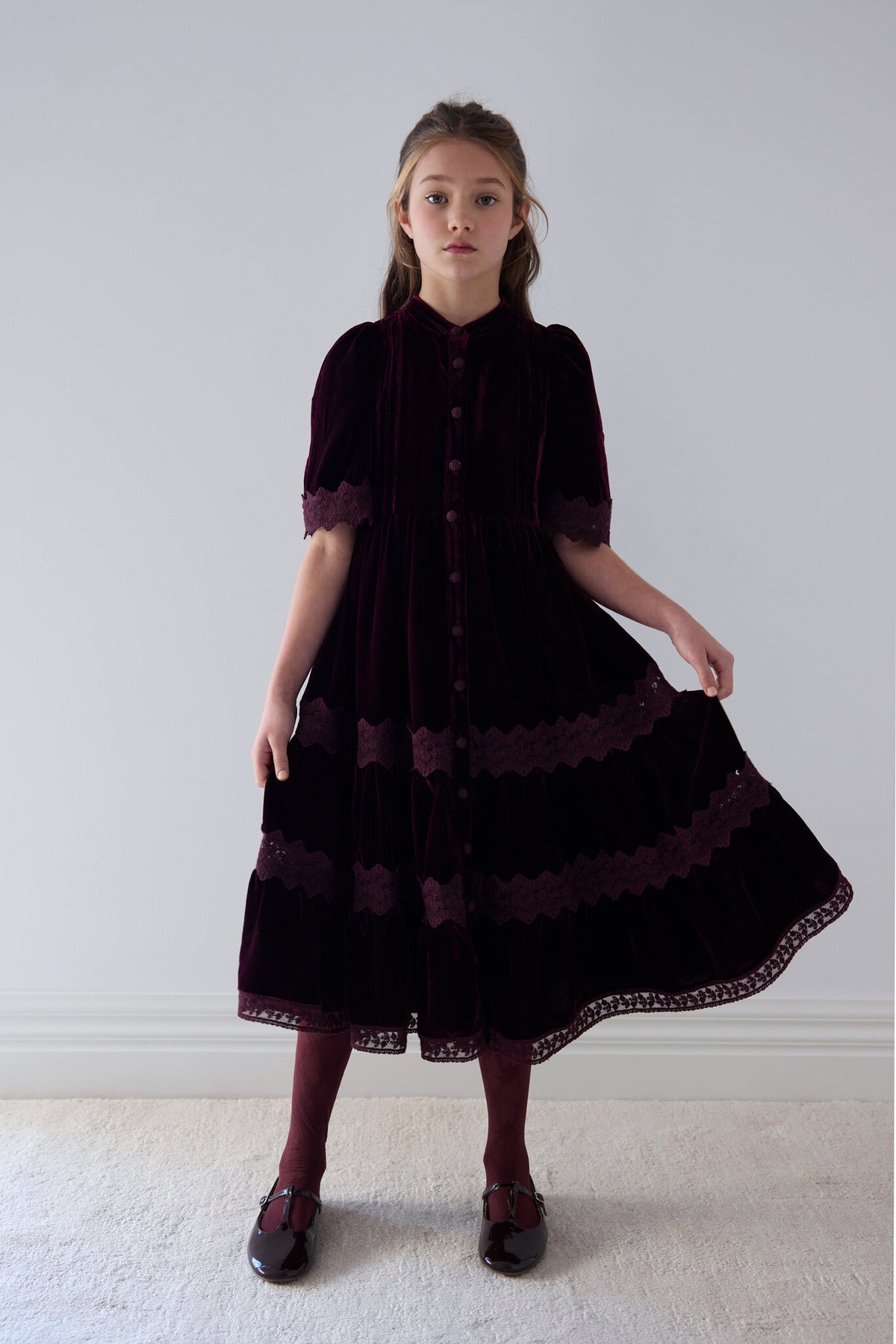 PETITE AMALIE LACE VELVET MIDI DRESS