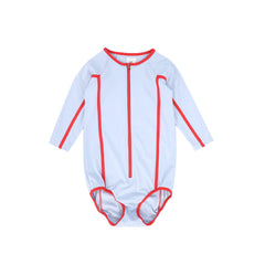 WATER CLUB 2PC CONTRAST HALF ZIP LS SWIMSUIT WITH FLARE SWIM SKIRT