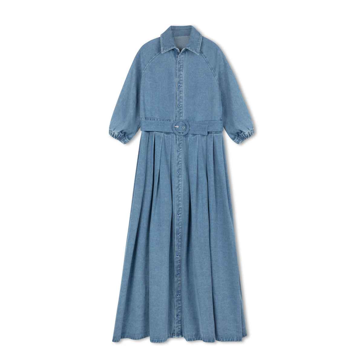 DAINTTI BY VELVETTE LABEL DENIM BELTED MAXI DRESS