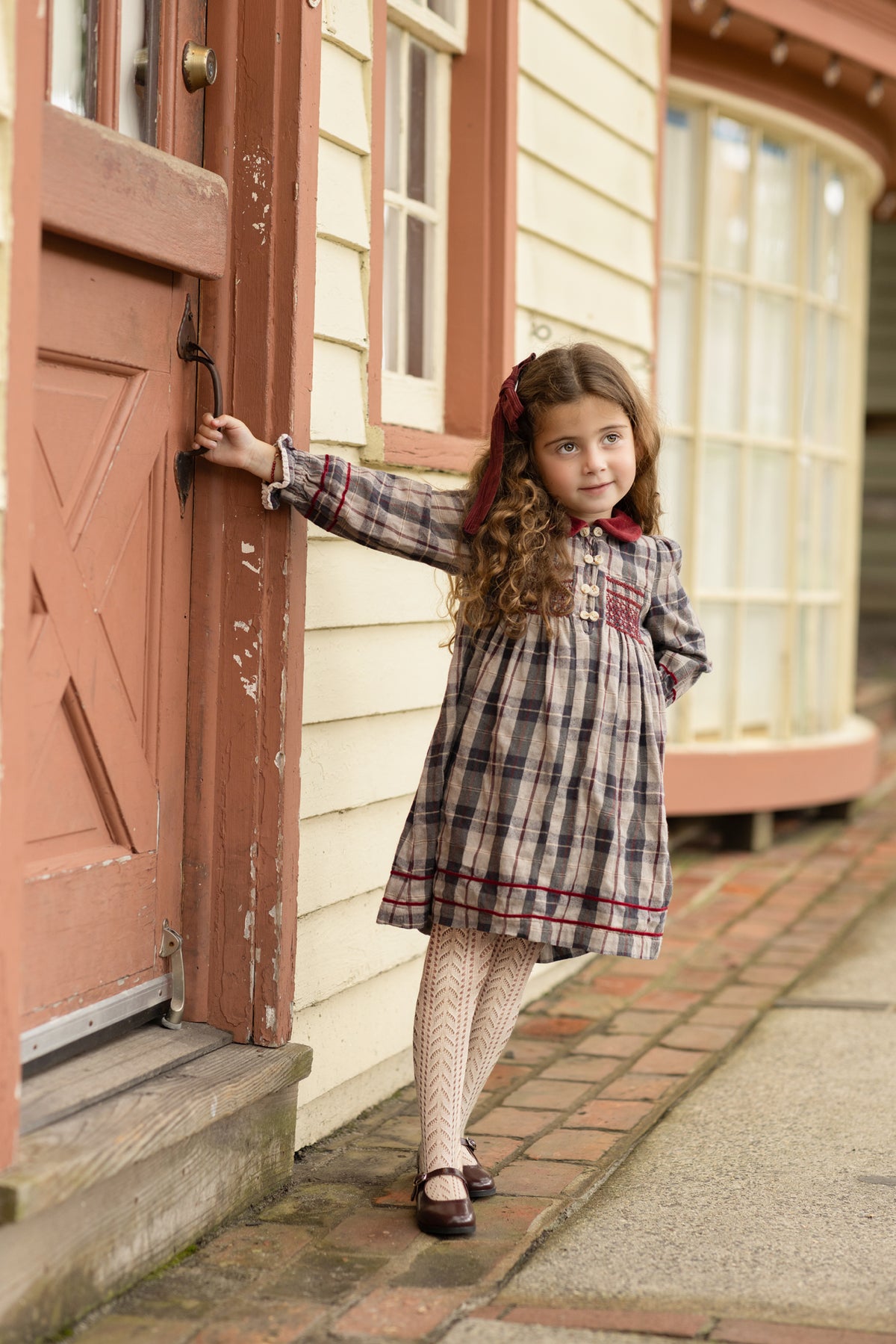 LIMONANA SMOCKING VELVET TRIM PLAID DRESS