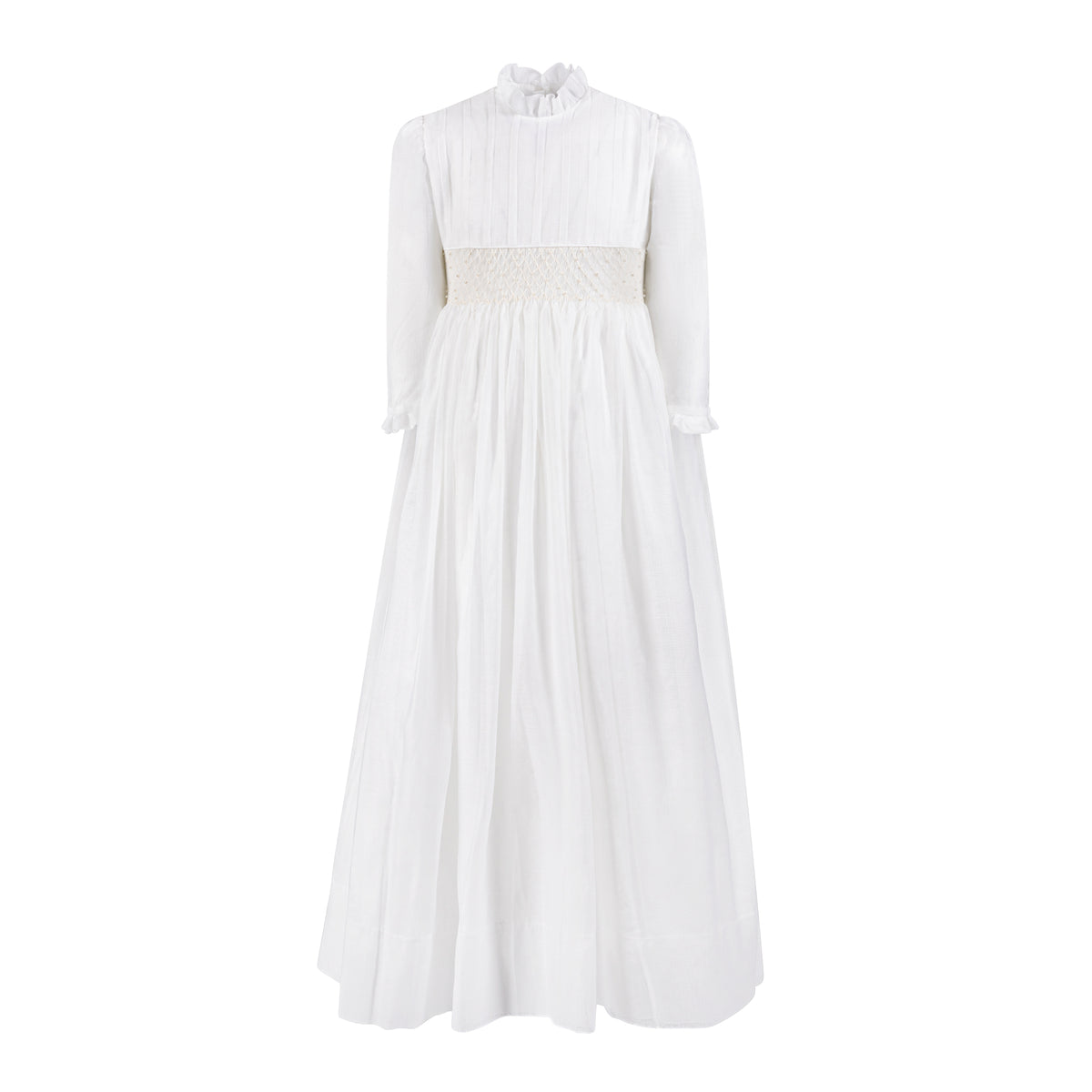 AMAYA RUFFLED HIGH NECK WITH PEARL SMOCKED WAIST GOWN