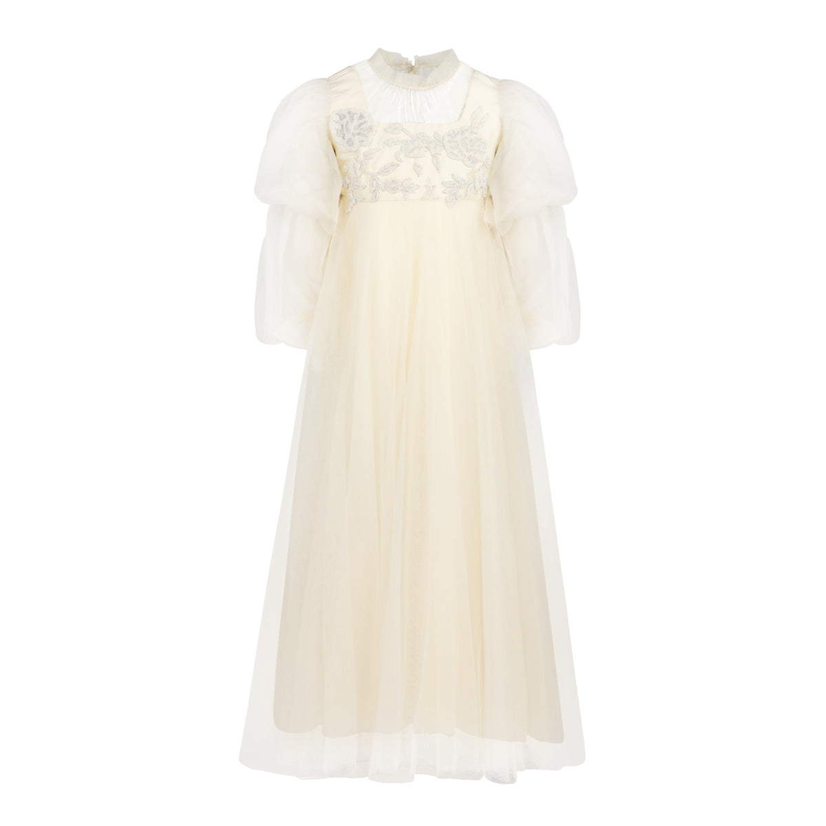 MAISON AVA RENEE FLORAL APPLIQUE BUBBLE SLEEVE TULLE GOWN