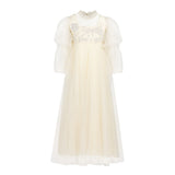 MAISON AVA RENEE FLORAL APPLIQUE BUBBLE SLEEVE TULLE GOWN