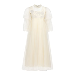 MAISON AVA RENEE FLORAL APPLIQUE BUBBLE SLEEVE TULLE GOWN