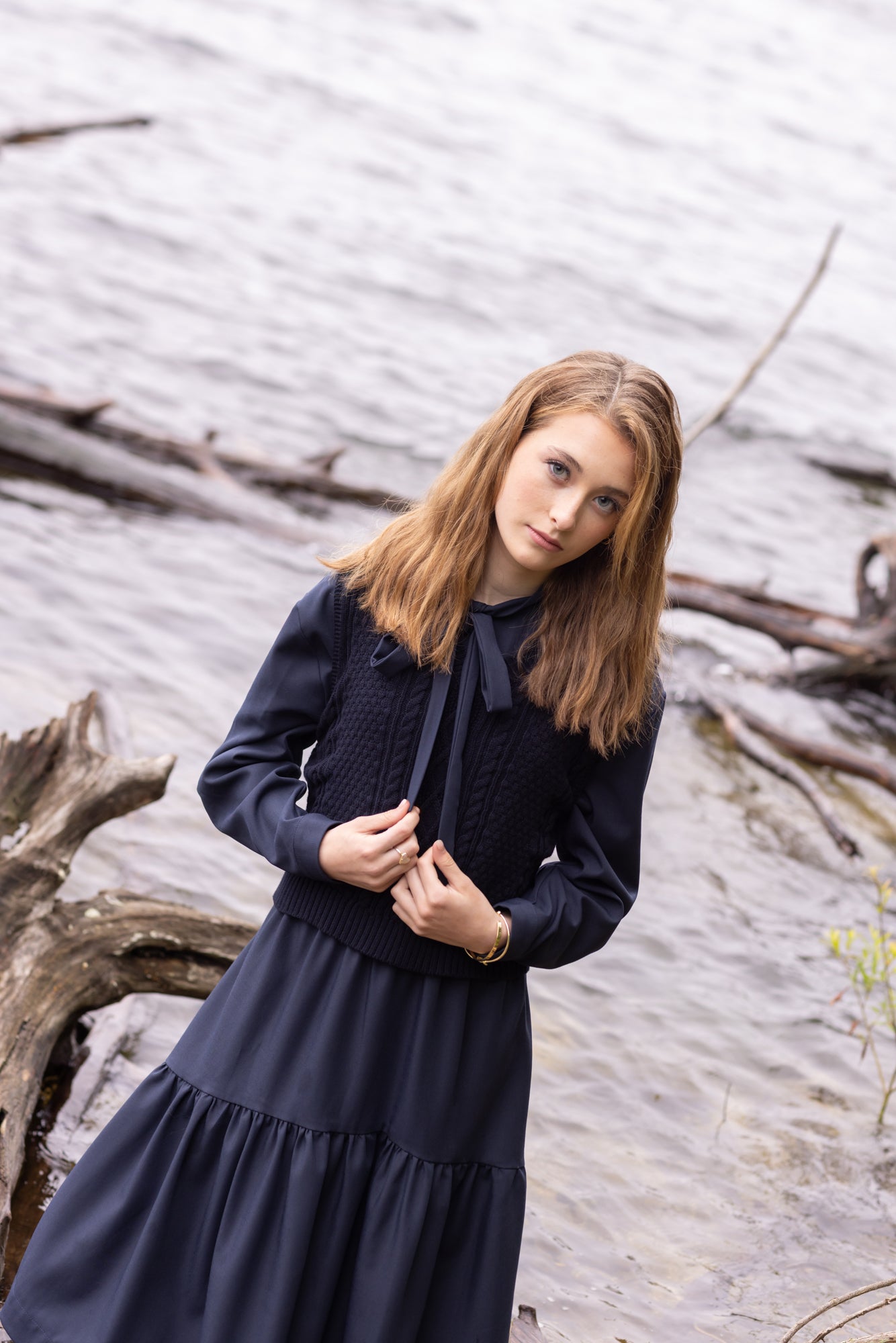 POET 2PC EMILY KNIT VEST OVER LONG SLEEVE DRESS WITH NECK TIE