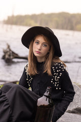 POET ELLE EYELET KNIT CARDIGAN WITH PEARLS ON SHOULDERS