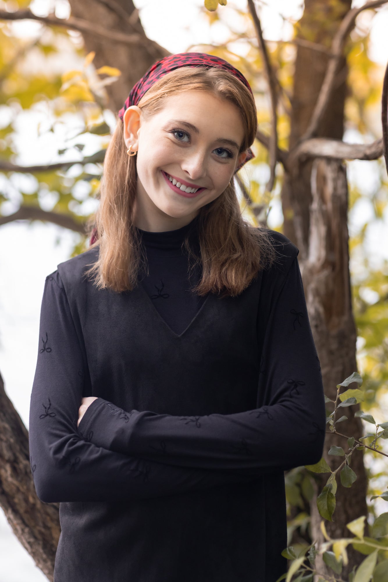 POET ARIA LONG SLEEVE MOCKNECK BLACK ON BLACK BOW PRINT SHIRT