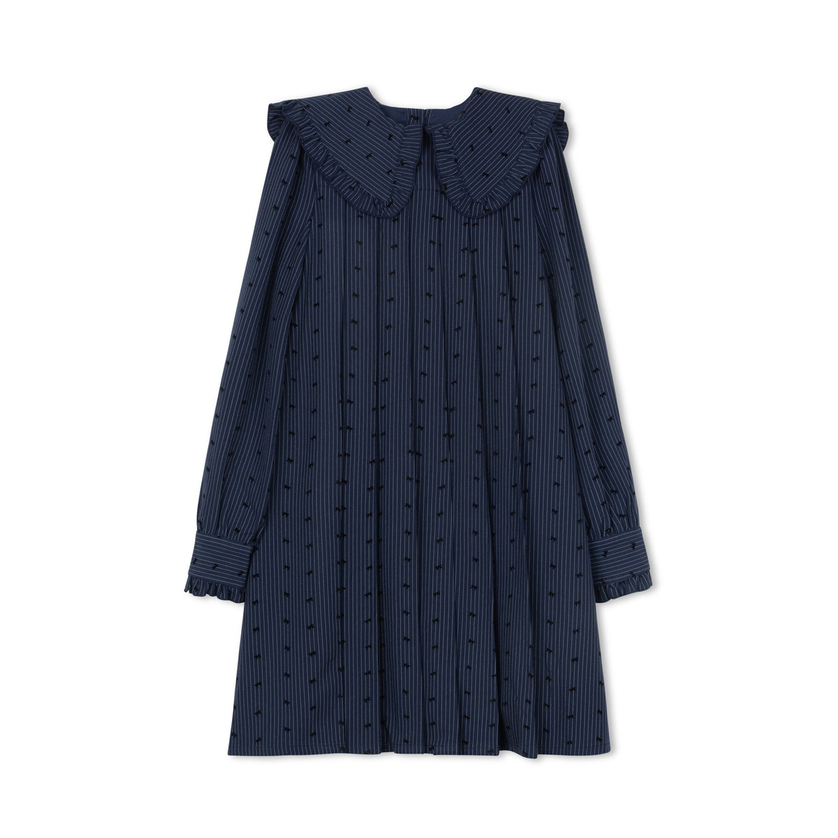 VELVETTE LABEL LONG SLEEVE PINSTRIPE BOW PRINT RUFFLE COLLAR DRESS