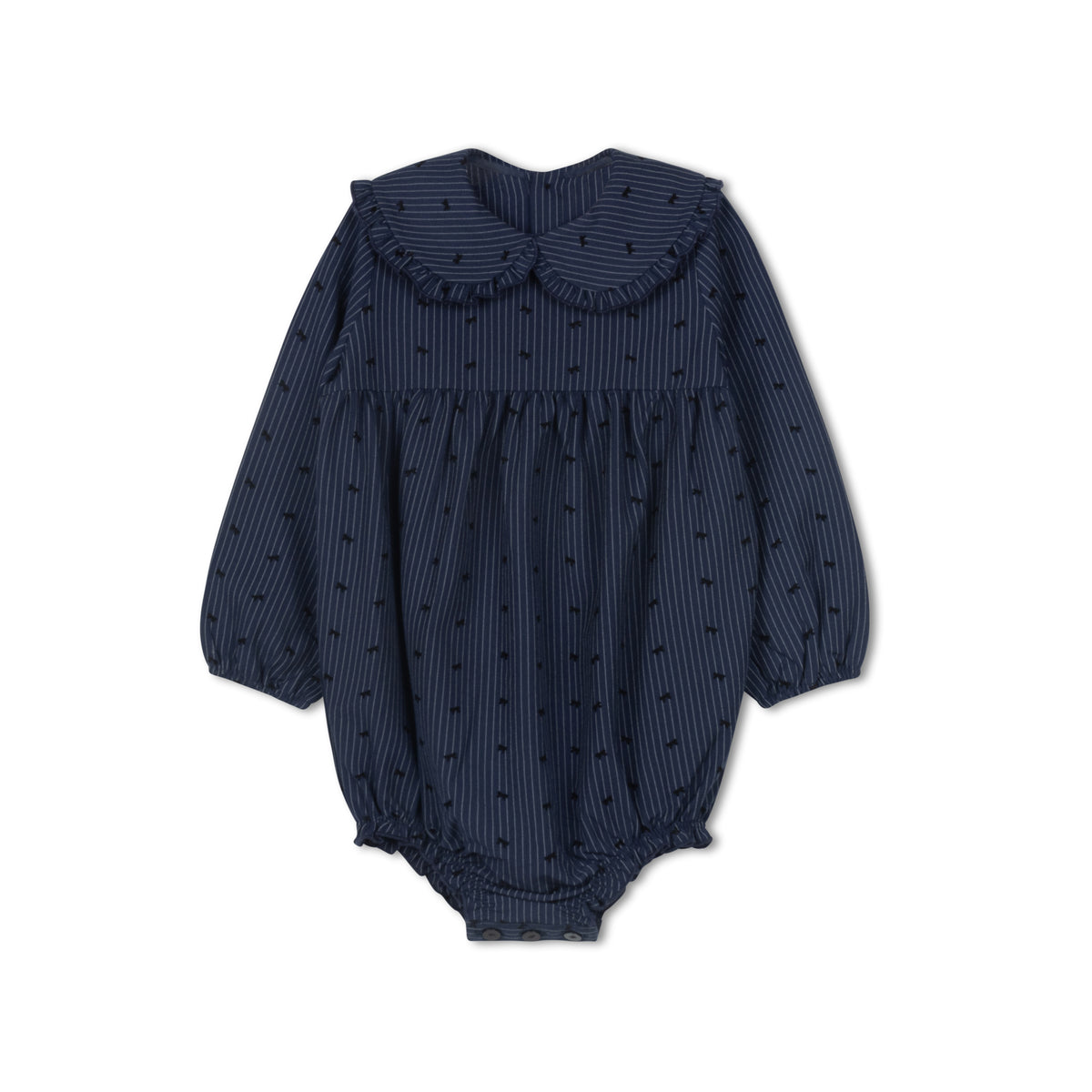 VELVETTE LABEL LONG SLEEVE PINSTRIPE BOW PRINT RUFFLE COLLAR ROMPER