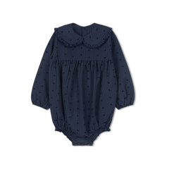VELVETTE LABEL LONG SLEEVE PINSTRIPE BOW PRINT RUFFLE COLLAR ROMPER