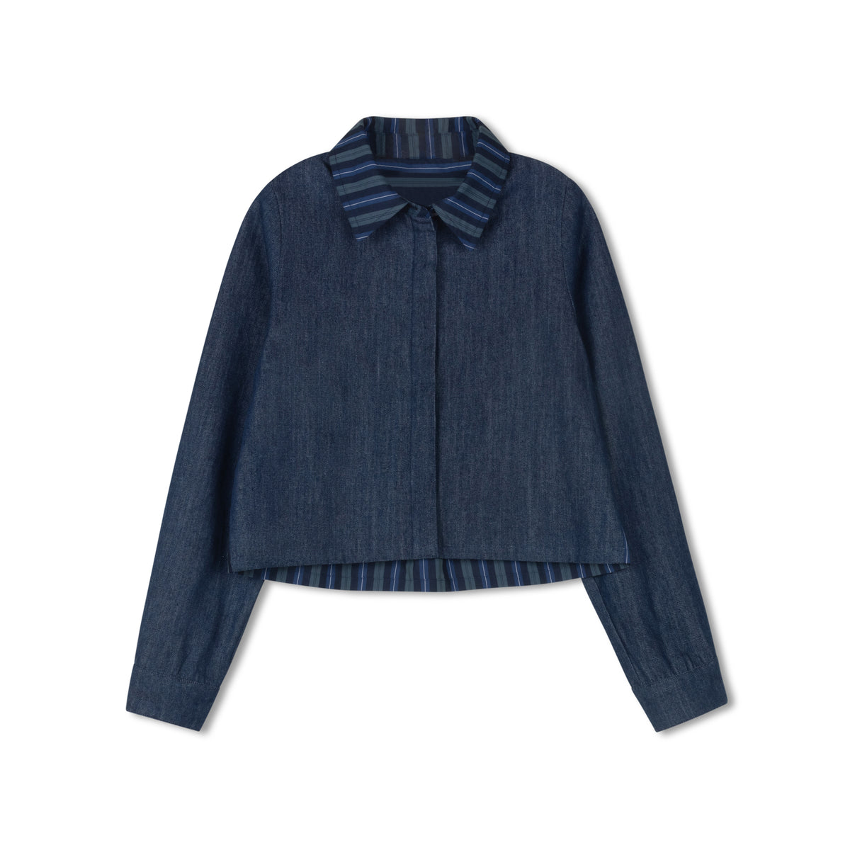 DAINTTI BY VELVETTE LABEL LONG SLEEVE DENIM CROP COLLAR SHIRT WITH STRIPED BACK