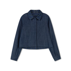 DAINTTI BY VELVETTE LABEL LONG SLEEVE DENIM CROP COLLAR SHIRT WITH STRIPED BACK