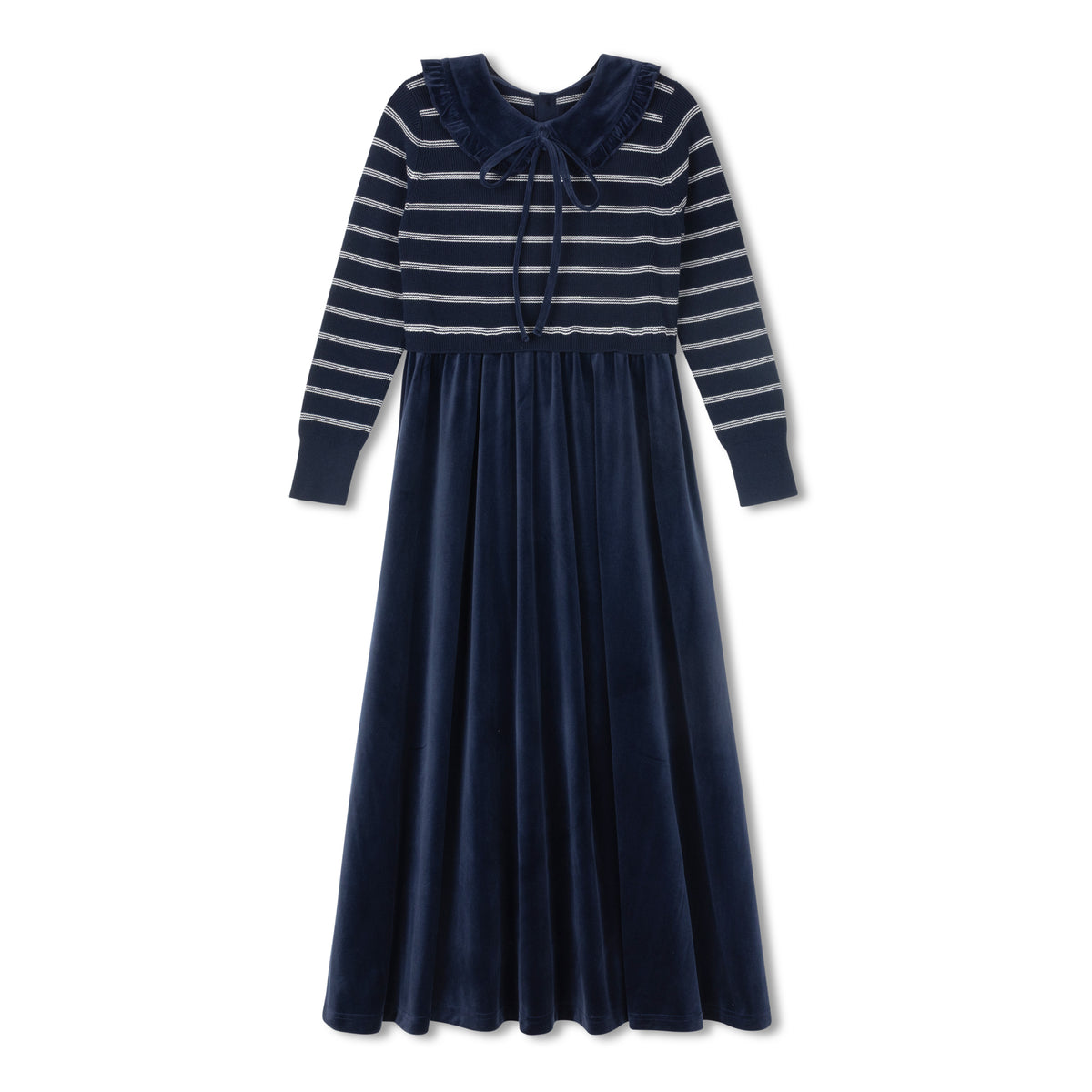 VELVETTE LABEL LONG SLEEVE KNIT STRIPE RUFFLE COLLAR VELVET ROBE