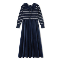 VELVETTE LABEL LONG SLEEVE KNIT STRIPE RUFFLE COLLAR VELVET ROBE