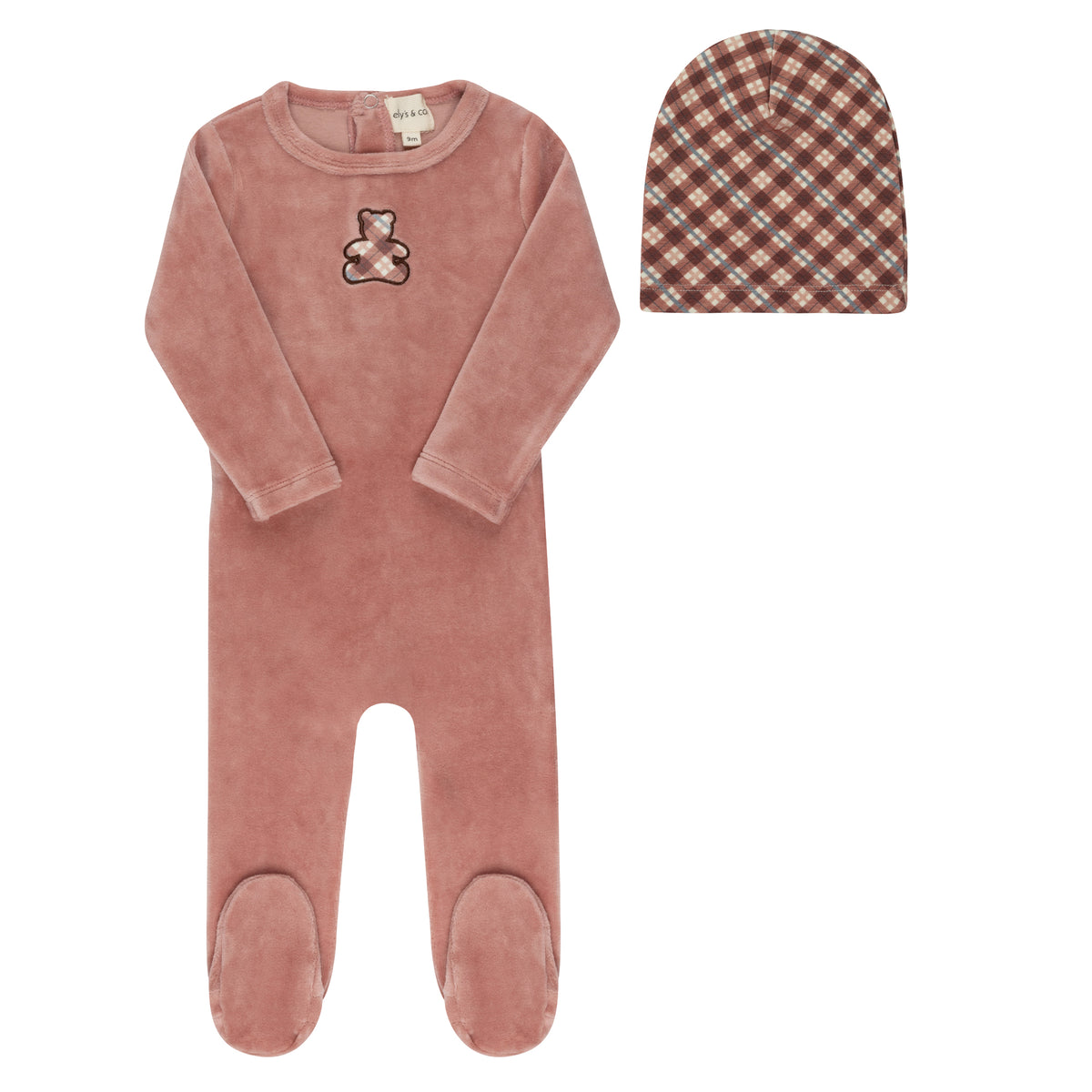 ELYS & CO. 2PC VELOUR PLAID BEAR FOOTIE AND BEANIE SET