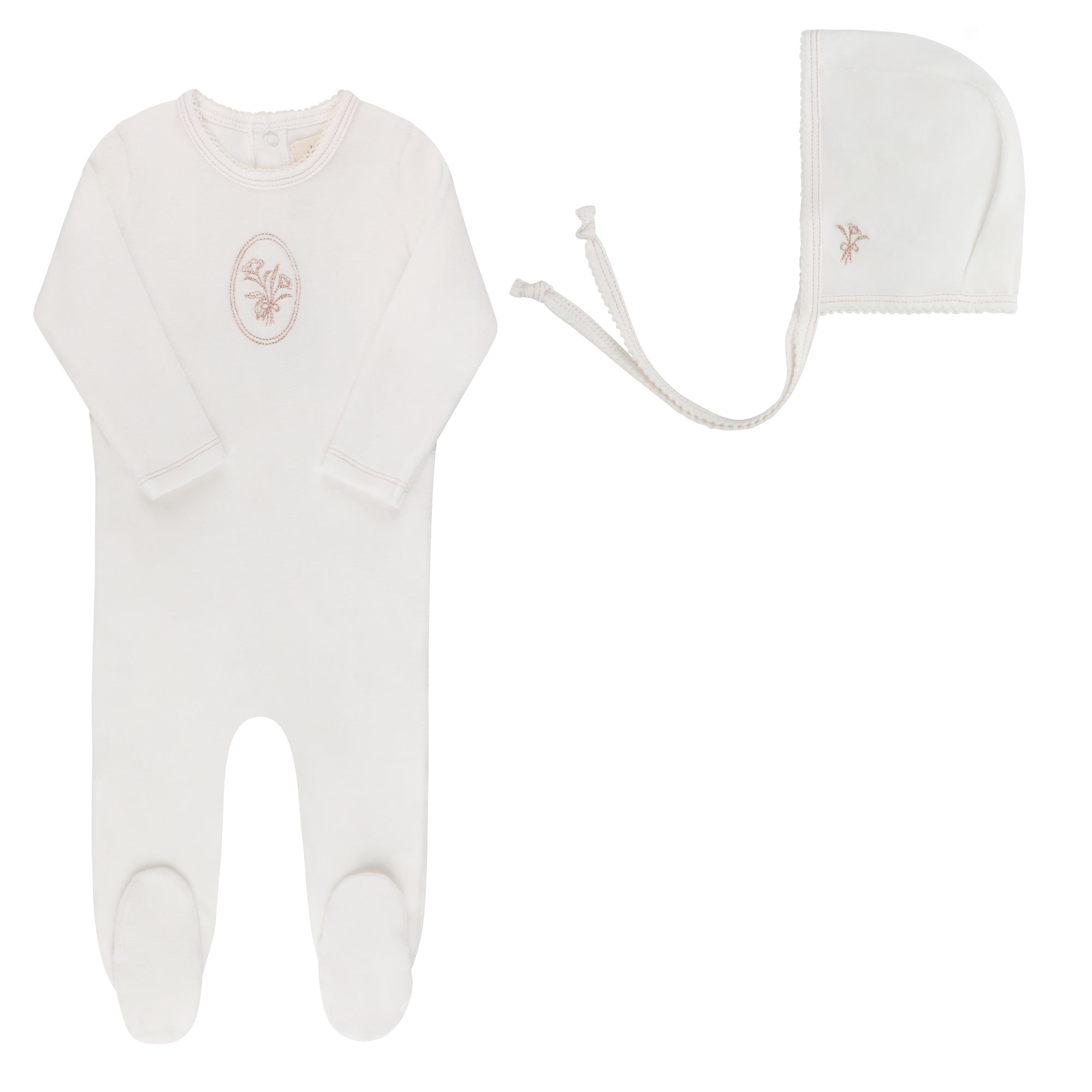 ELYS & CO. 3PC VELOUR CENTER FLORAL FOOTIE, BONNET AND BALNKET SET