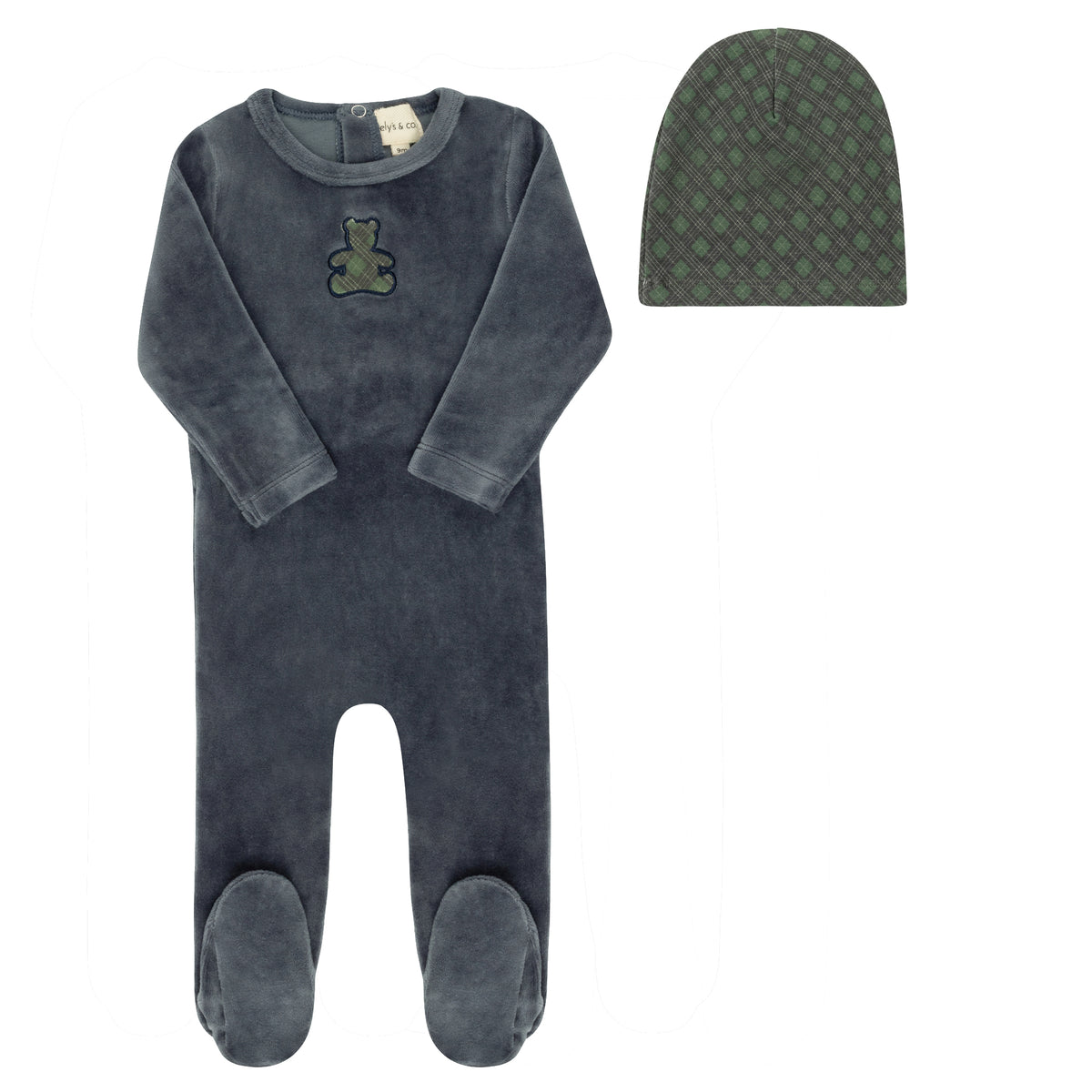 ELYS & CO. 2PC VELOUR PLAID BEAR FOOTIE AND BEANIE SET