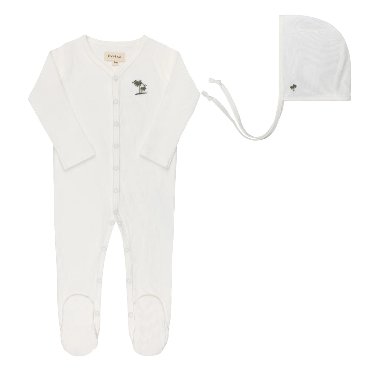 ELYS & CO. 3PC RIBBED PALM PRINT FOOTIE+BEANIE+BIB SET