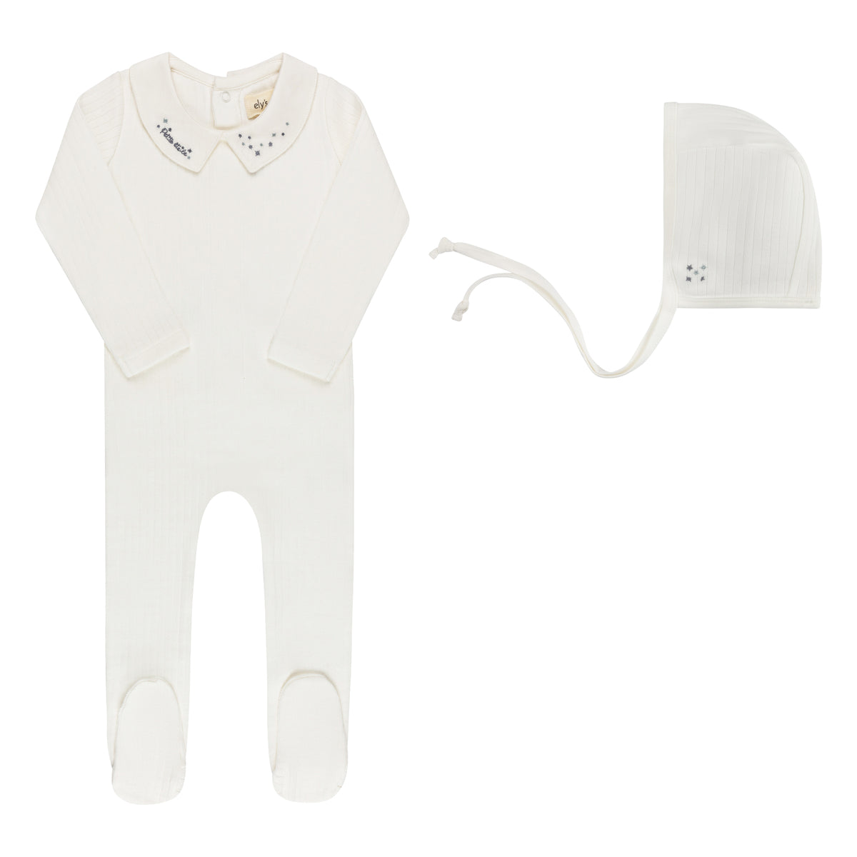 ELYS & CO. 2PC FLORAL STAR EMBROIDERED COLLAR FOOTIE + BONNET SET