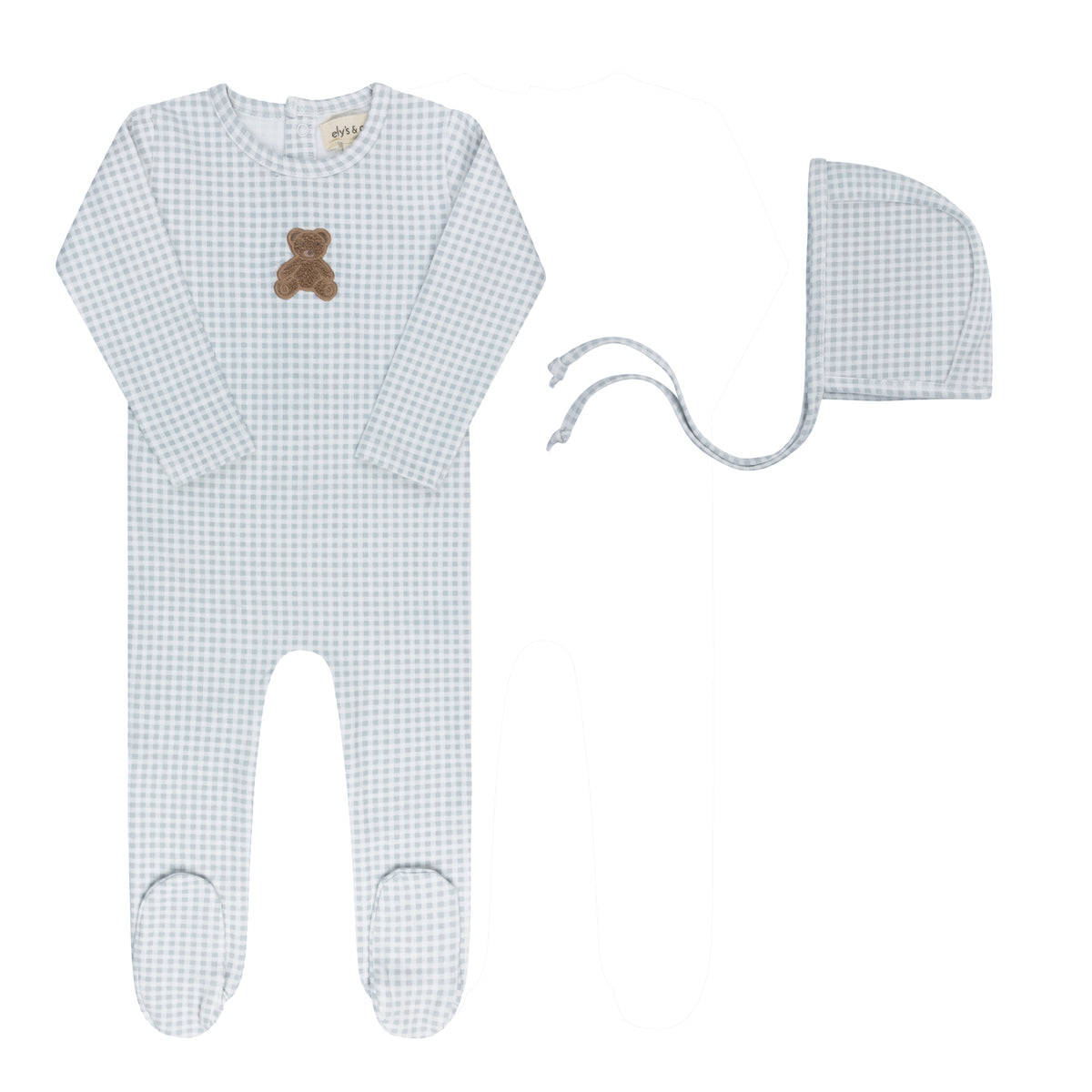 ELYS & CO. 2PC GINGHAM TEDDY COLLECTION FOOTIE + BONNET SET