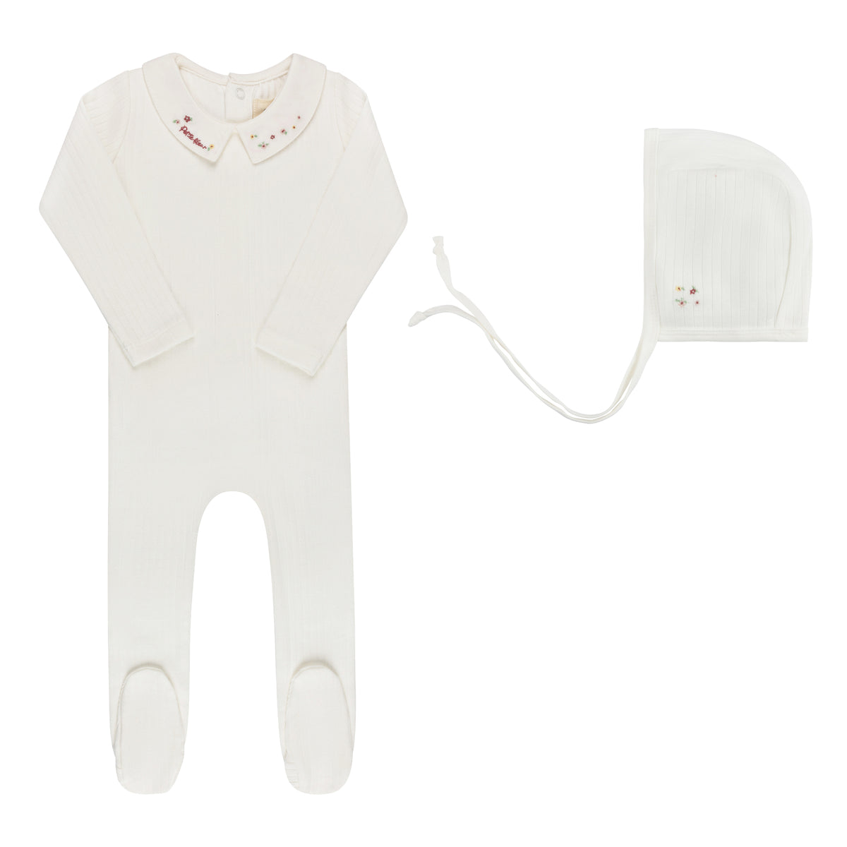 ELYS & CO. 2PC FLORAL STAR EMBROIDERED COLLAR FOOTIE+BONNET SET