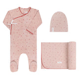 ElYS&CO. 3PC VELOUR CLUSTER FLOWER FOOTIE+BEANIE+BLANKET SET