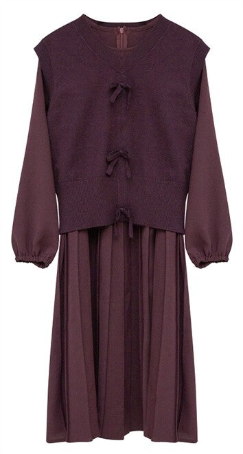 MINIMAL BOW VEST PLEATED DRESS