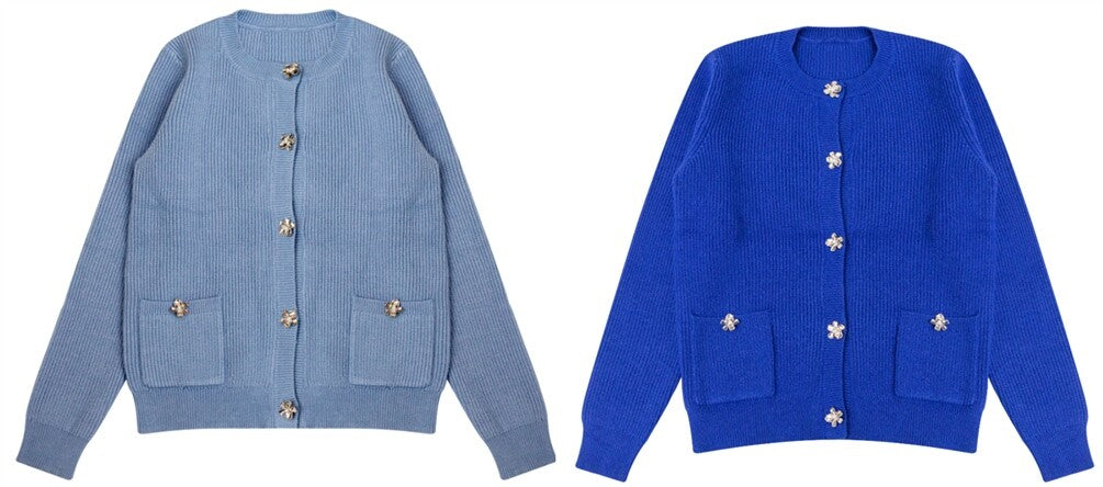 TUSTELLO 2PC BLASON FLOWER BUTTON CARDIGAN WITH SHAR PINSTRIPE