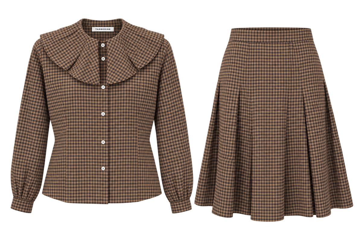 TANGERINE 2PC RUFFLE COLLAR CHECK BLOUSE WITH HOUNDSTOOTH PLEATED SKIRT