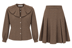 TANGERINE 2PC RUFFLE COLLAR CHECK BLOUSE WITH HOUNDSTOOTH PLEATED SKIRT