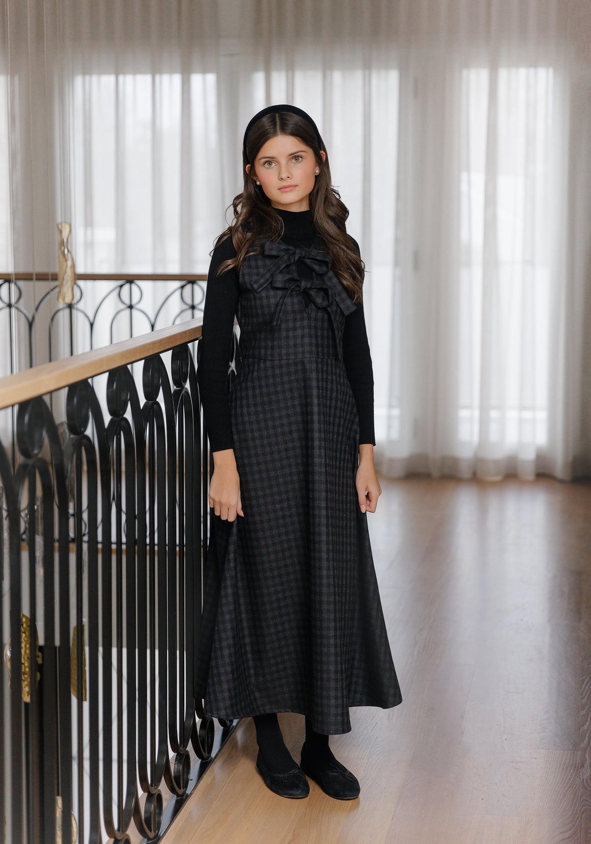 DAINTTI BY VELVETTE LABEL PLAID BOW MIDI JUMPER