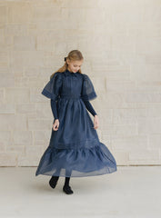 DAINTTI BY VELVETTE LABEL COLLAR AND BELT, STITCHED DOWN PLEATED GOWN