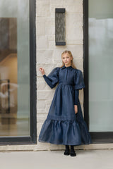 DAINTTI BY VELVETTE LABEL COLLAR AND BELT, STITCHED DOWN PLEATED GOWN