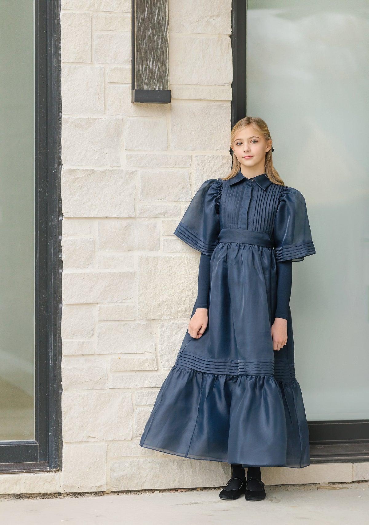 DAINTTI BY VELVETTE LABEL COLLAR AND BELT, STITCHED DOWN PLEATED GOWN