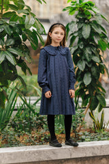 VELVETTE LABEL LONG SLEEVE PINSTRIPE BOW PRINT RUFFLE COLLAR DRESS
