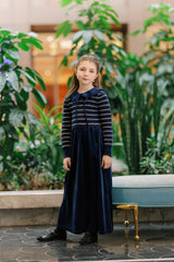 VELVETTE LABEL LONG SLEEVE KNIT STRIPE RUFFLE COLLAR VELVET ROBE