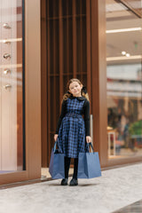VELVETTE LABEL 2PC RIBBED BUTTON DOWN COLLAR TOP WITH PLAID BELTED PINAFORE JUMPER