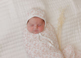 ElYS&CO. 3PC VELOUR VINE PATTERN FOOTIE+BONNET+MUSLIN SWADDLE SET