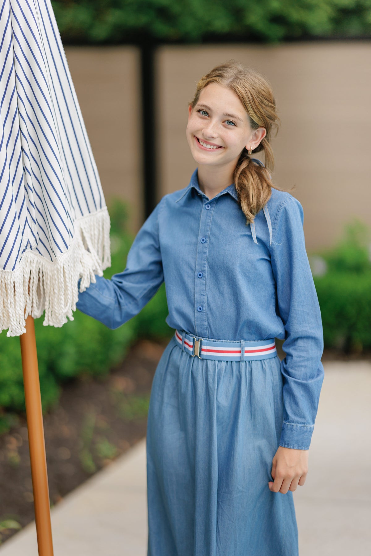 DAINTTI BY VELVETTE LABEL 2PC DENIM SHIRT WITH DENIM ELASTIC BELT MAXI SKIRT