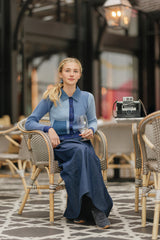 DAINTTI BY VELVETTE LABEL KNIT DENIM COLLAR COLORBLOCK SWEATER
