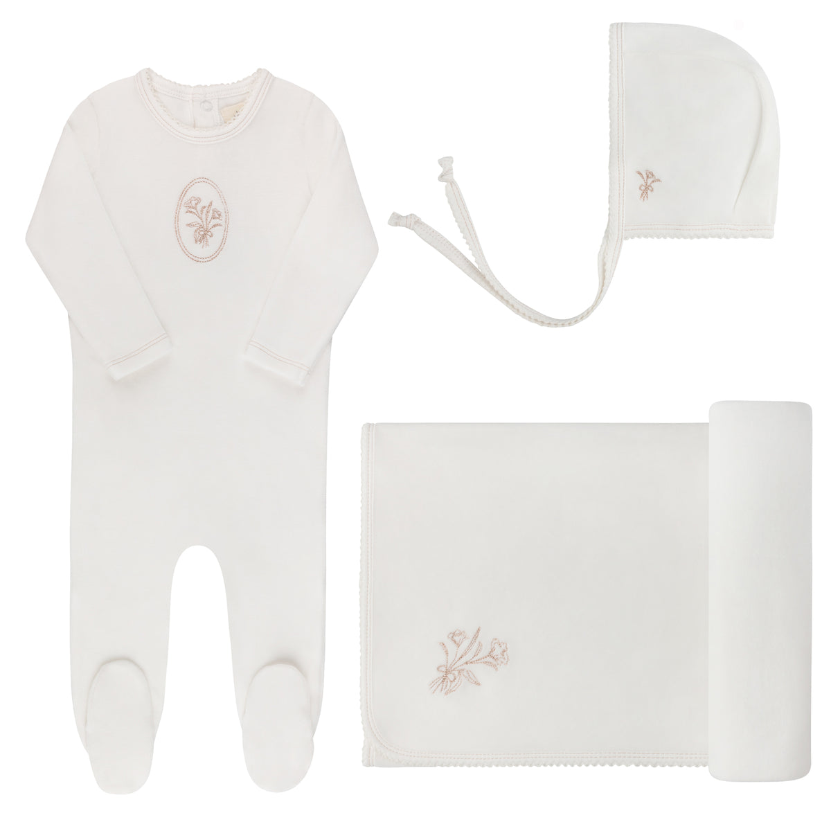 ELYS & CO. 3PC VELOUR CENTER FLORAL FOOTIE, BONNET AND BALNKET SET