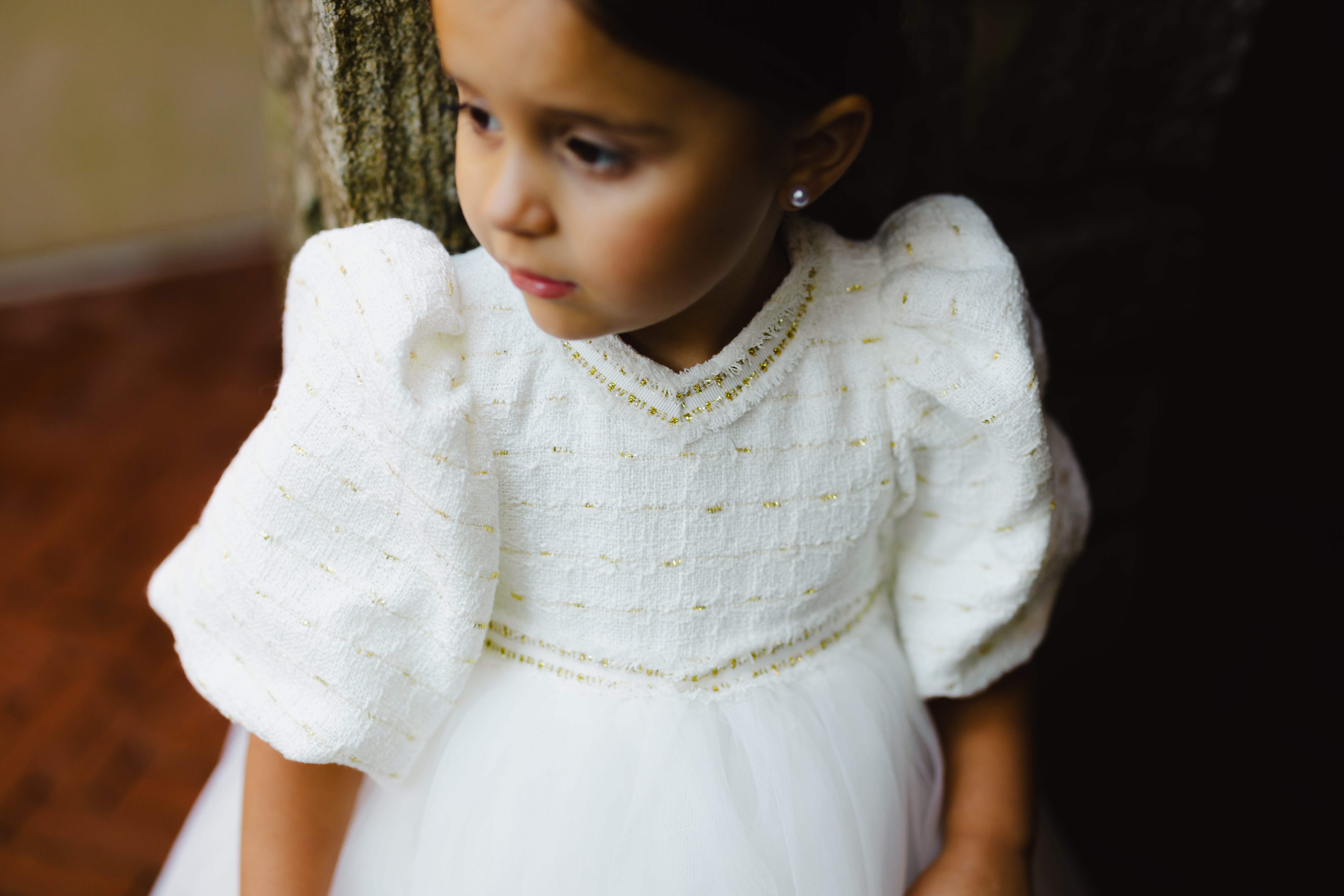 ZOE CHANEL TWEED GOLD STRIPE DETAIL TULLE GOWN  Little Women Too