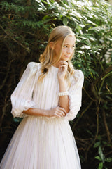 ZOE BUBBLE SLEEVE GLITTER LINES DETAIL TULLE GOWN